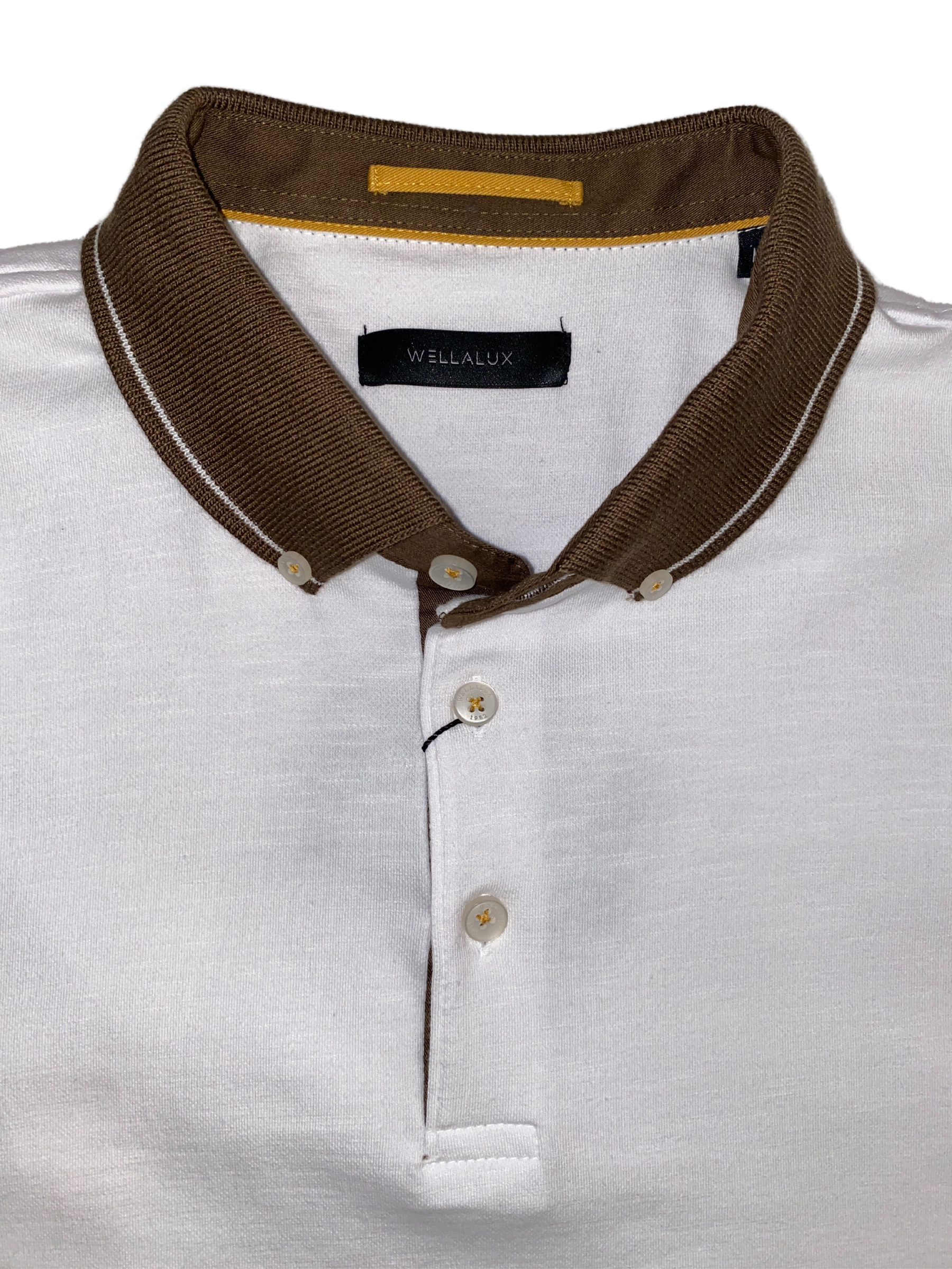 White Polo with Brown Collar