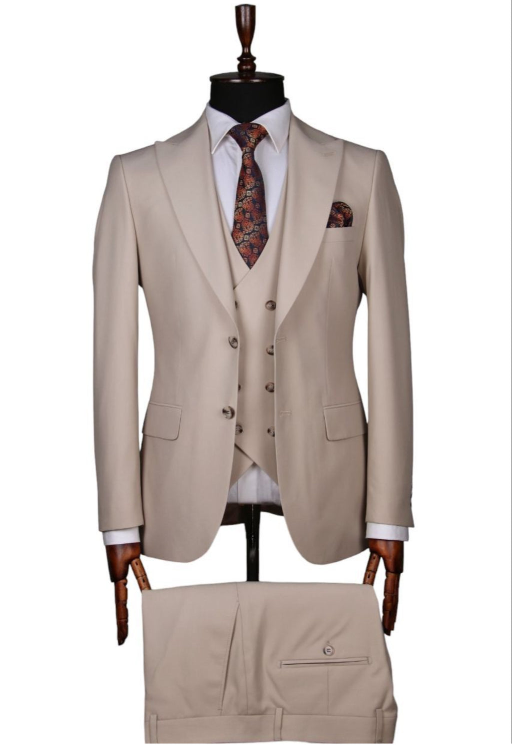 Beige slim fit three-piece suit for men - Italian-style tailoring, modern fit, premium fabric, perfect for formal and smart occasions.