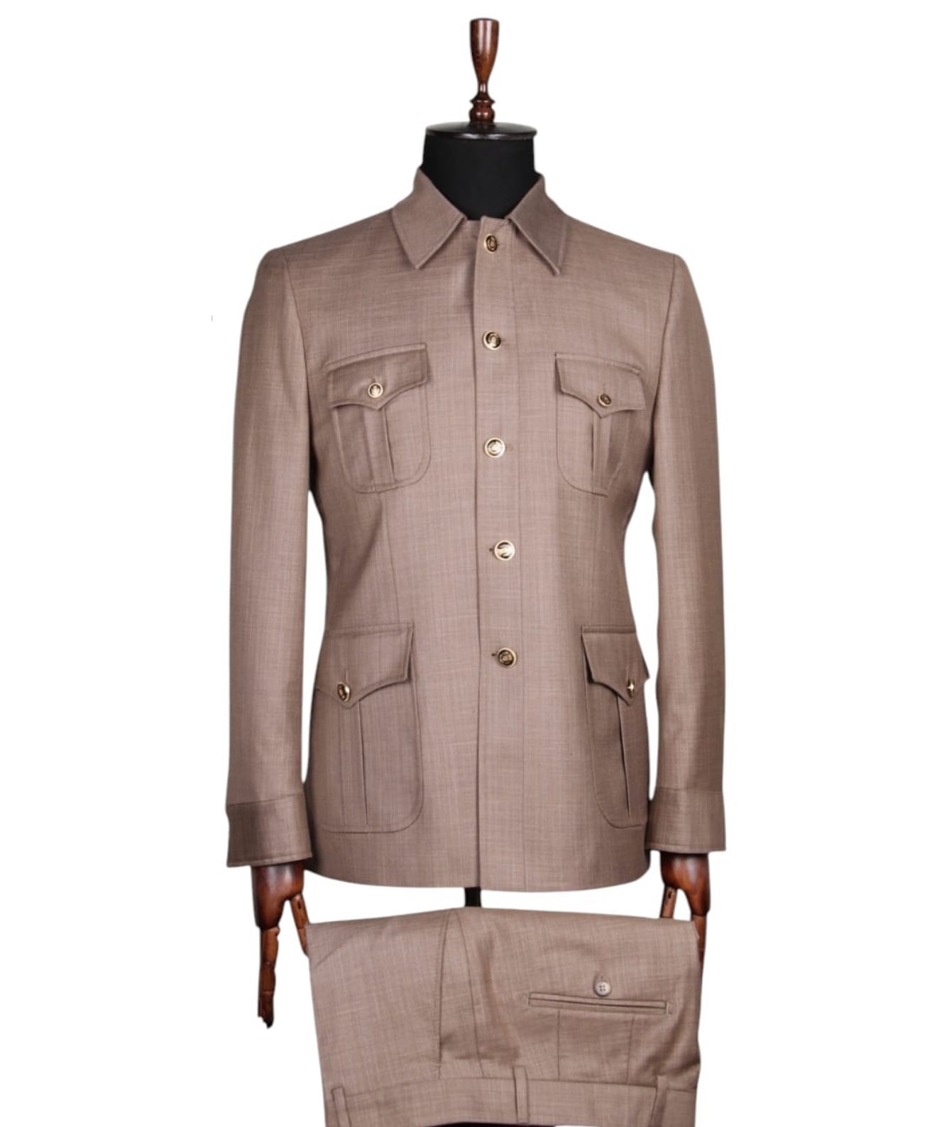 Brown safari suit for men - classic tailored fit, breathable fabric, and versatile casual style.