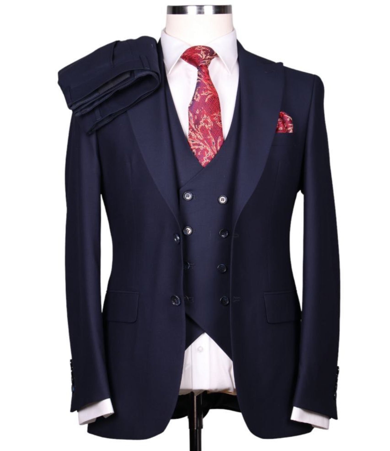 Navy blue slim fit three-piece suit for men - Italian-style tailoring, modern fit, premium fabric, perfect for formal and smart occasions.