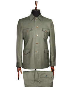 Olive green safari suit for men - classic tailored fit, breathable fabric, and versatile smart casual style.