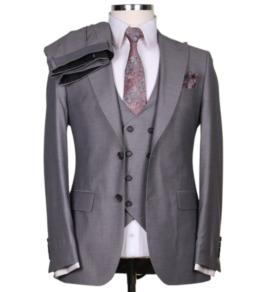 Silver grey slim fit three-piece suit for men - Italian-style tailoring, modern fit, premium fabric, perfect for formal and smart occasions.